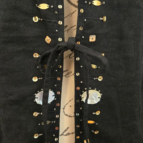 Versailles Black Linen Jacket with Beads and Mother of Pearl, Sz 14 - Picture 8 of 11